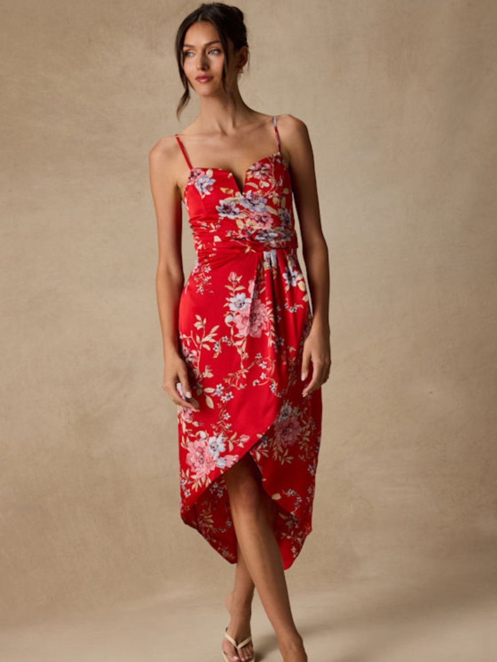 Lulus My Favorite Day Red Floral Print Tulip Skirt Midi Dress - Size M